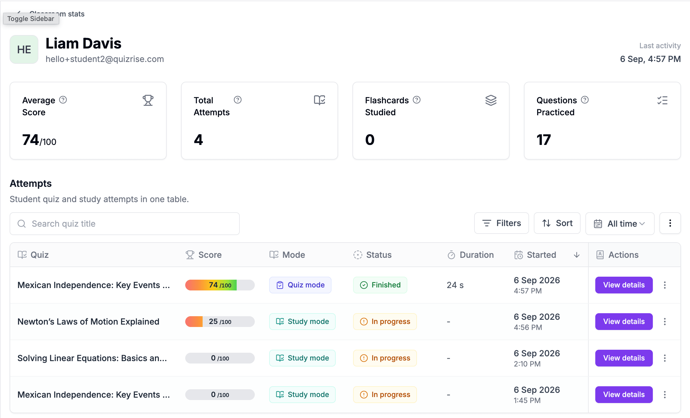 QuizRise student progress view showing demo quiz and study attempts.