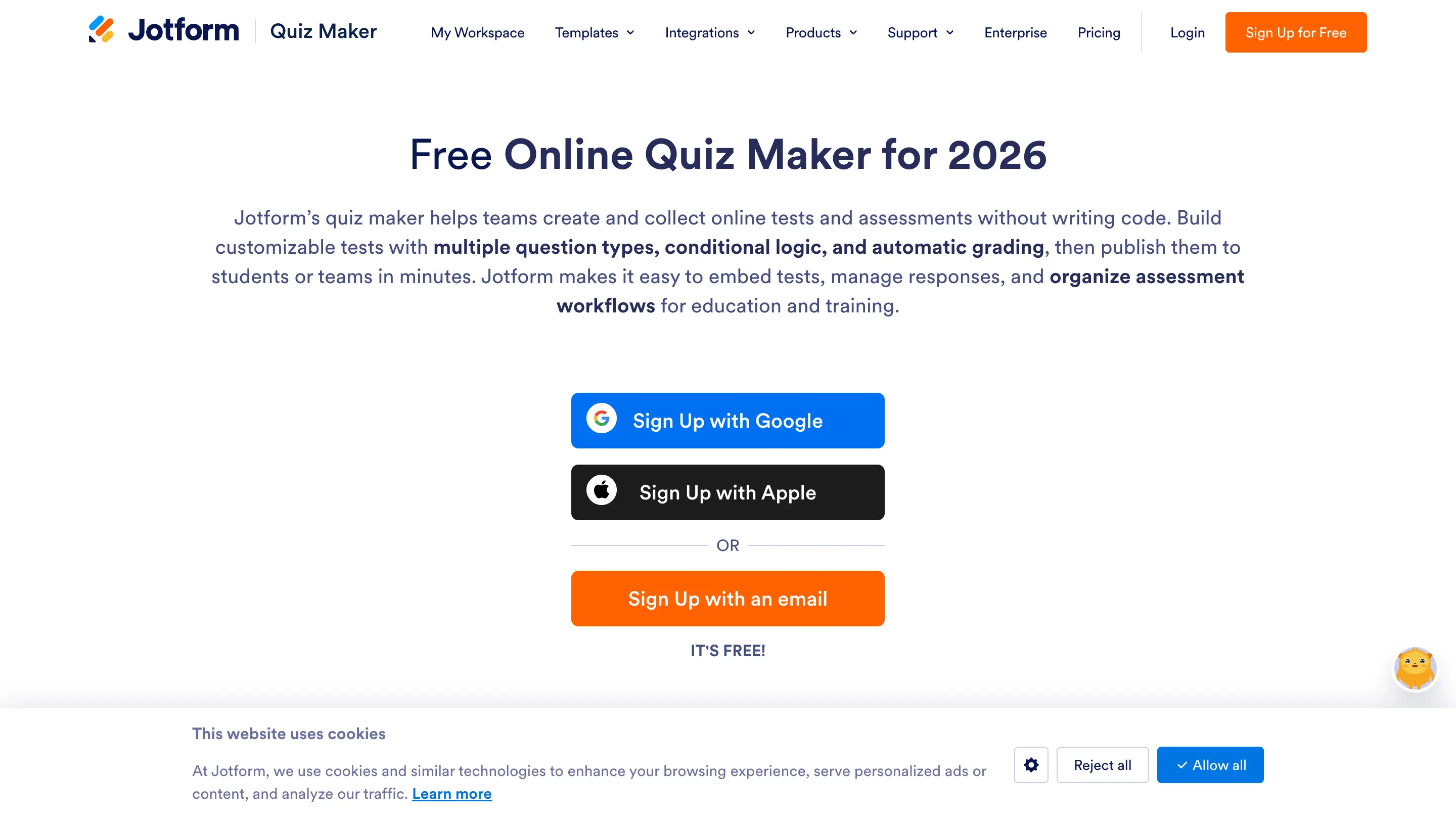 Jotform AI Quiz Generator for creating and sharing online quizzes