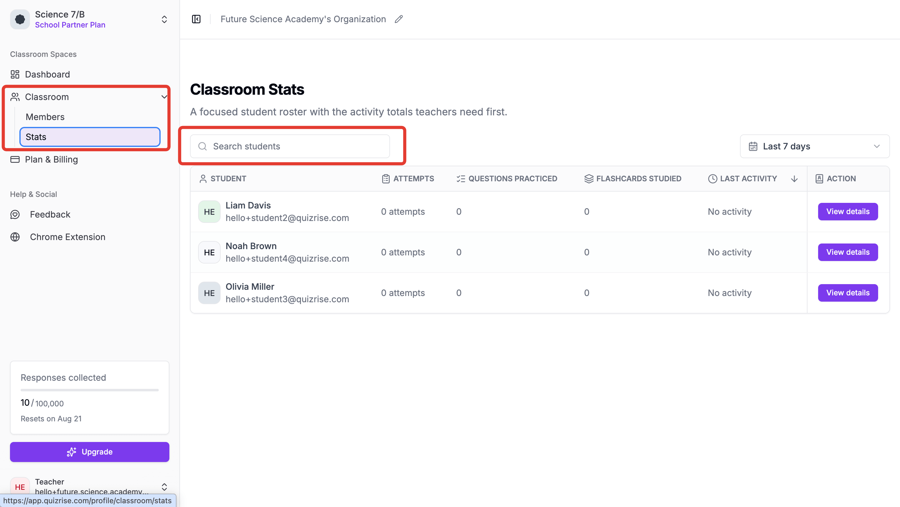 QuizRise Classroom Statistics for reviewing class and student performance