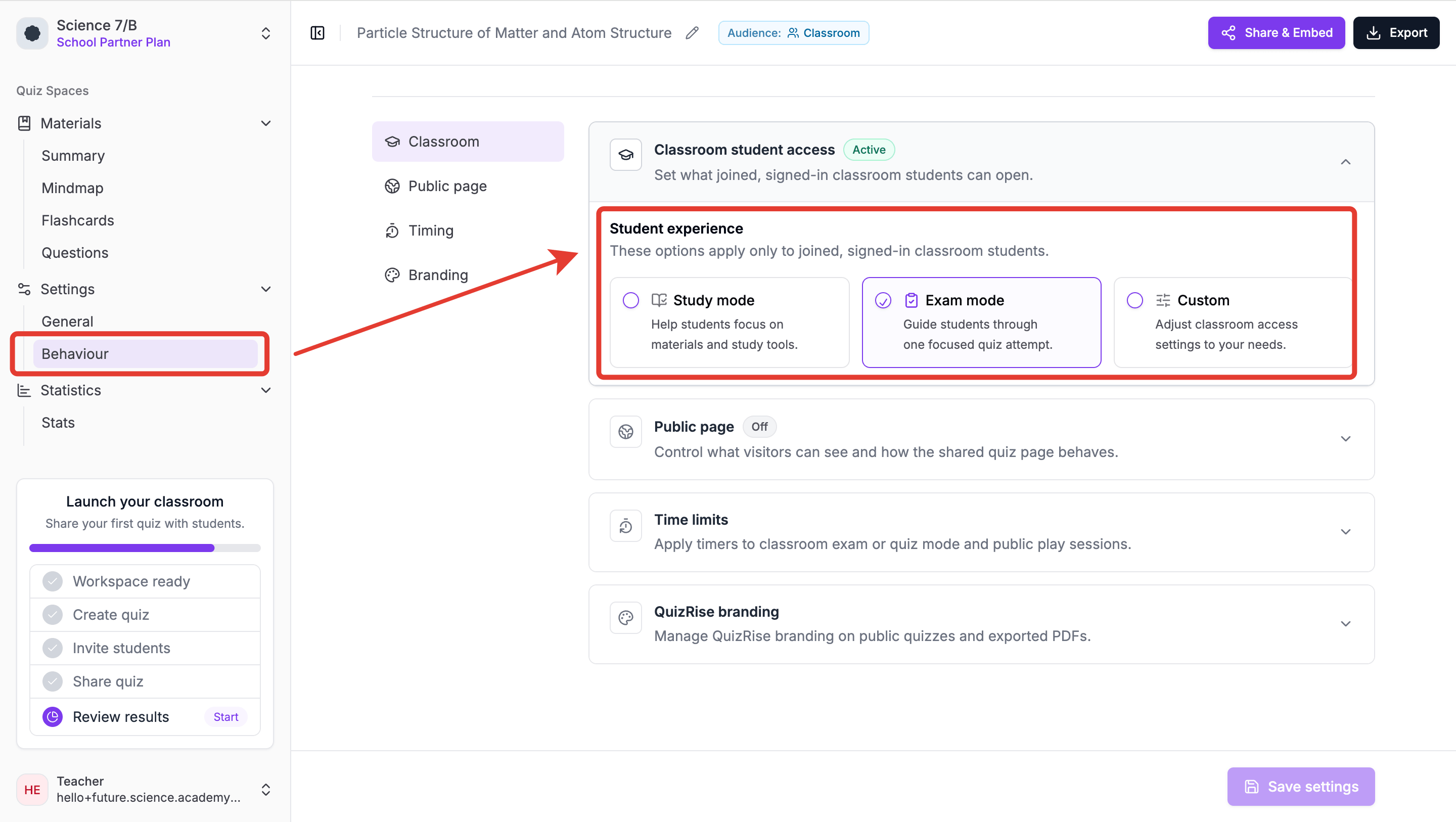 QuizRise Classroom study presets for Study Mode, Exam Mode, and Custom access