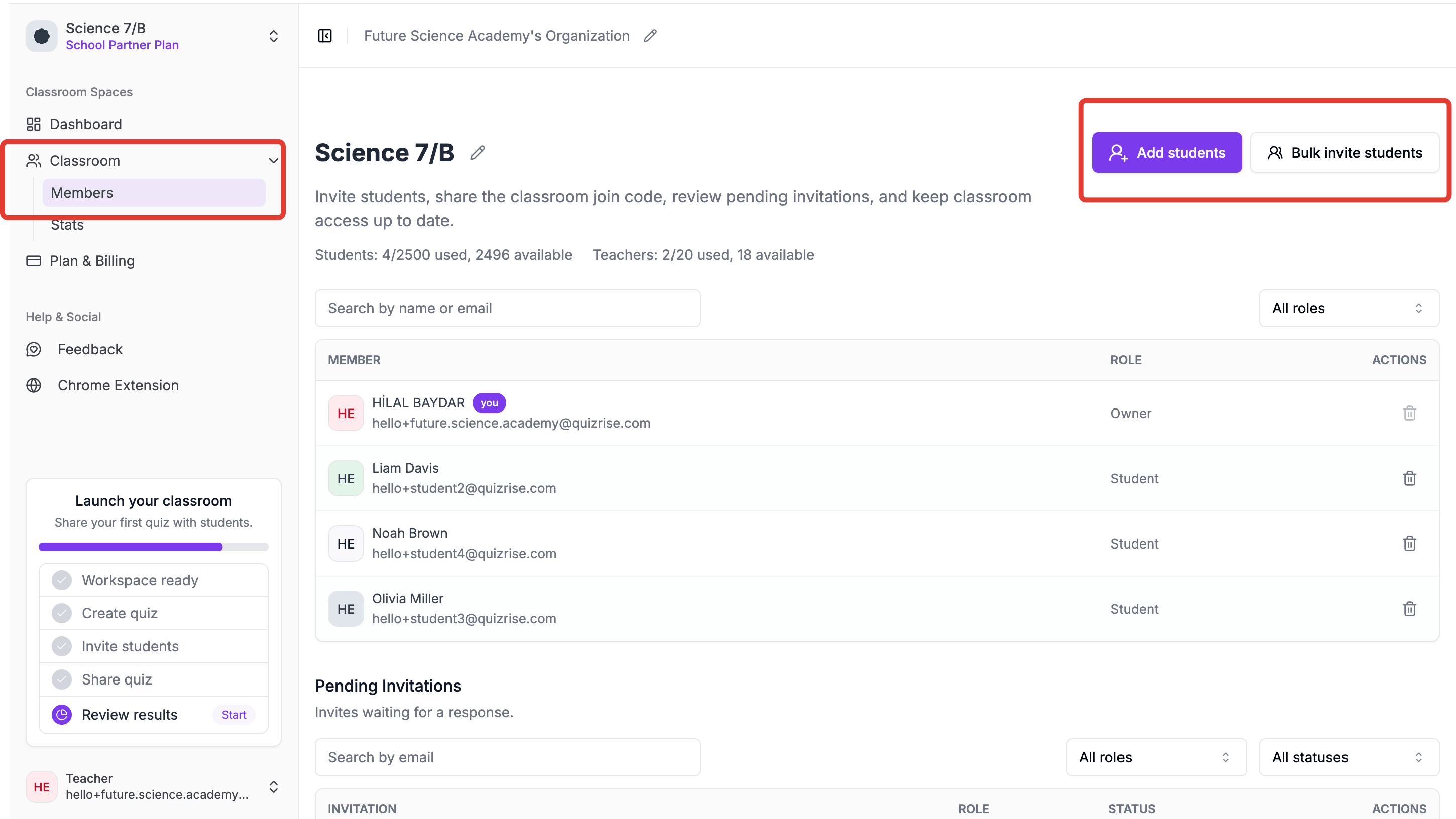 QuizRise invite students screen for adding learners to a classroom