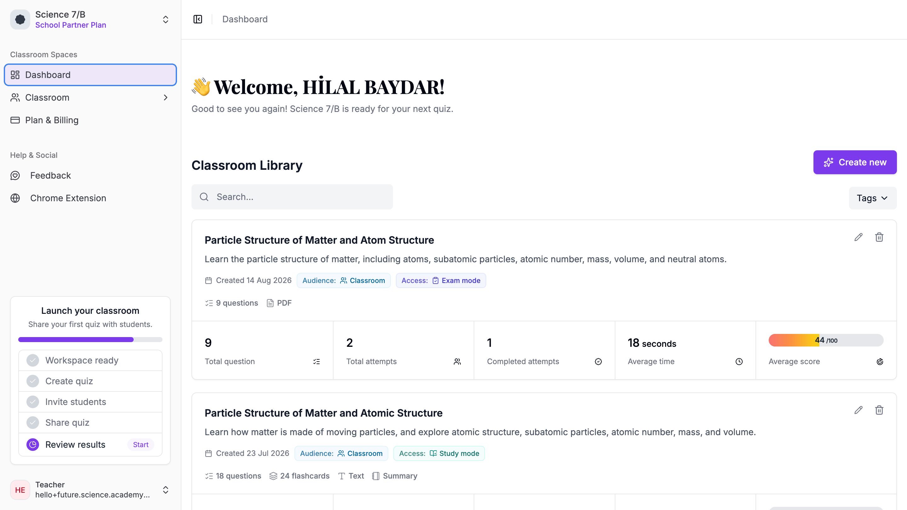 QuizRise teacher dashboard for managing classroom learning materials