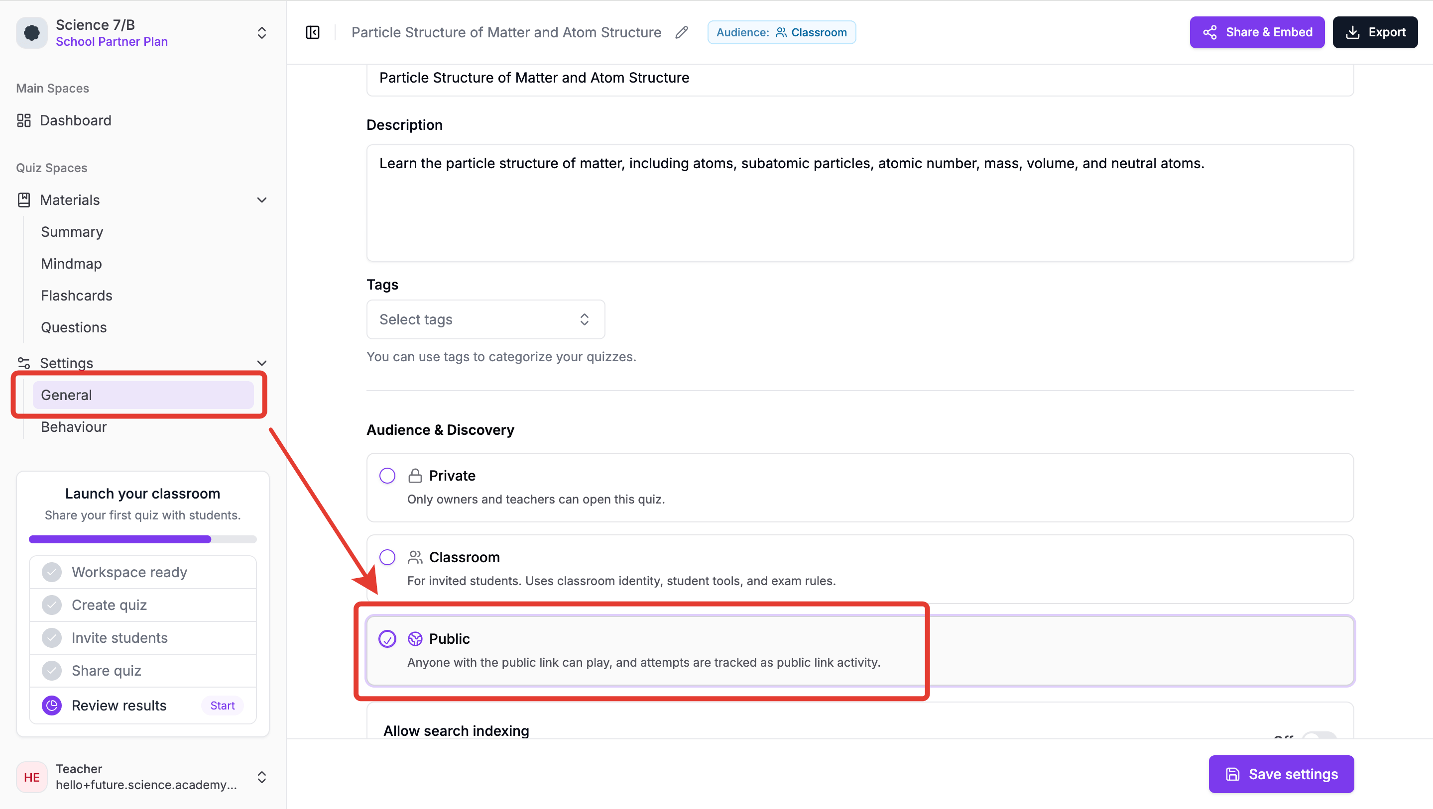 QuizRise audience modes for choosing Public or Classroom sharing as a teacher