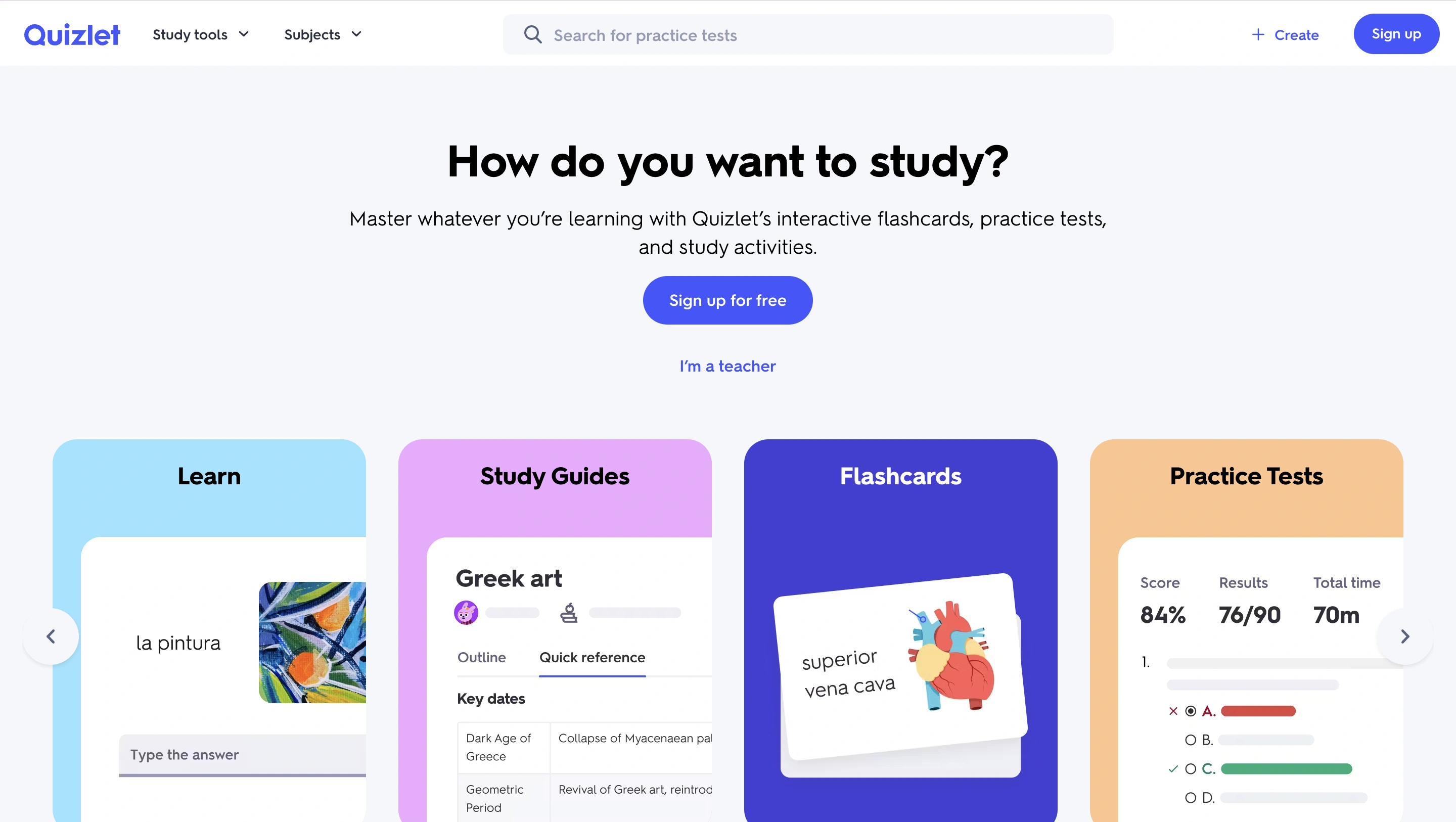 Quizlet study platform homepage