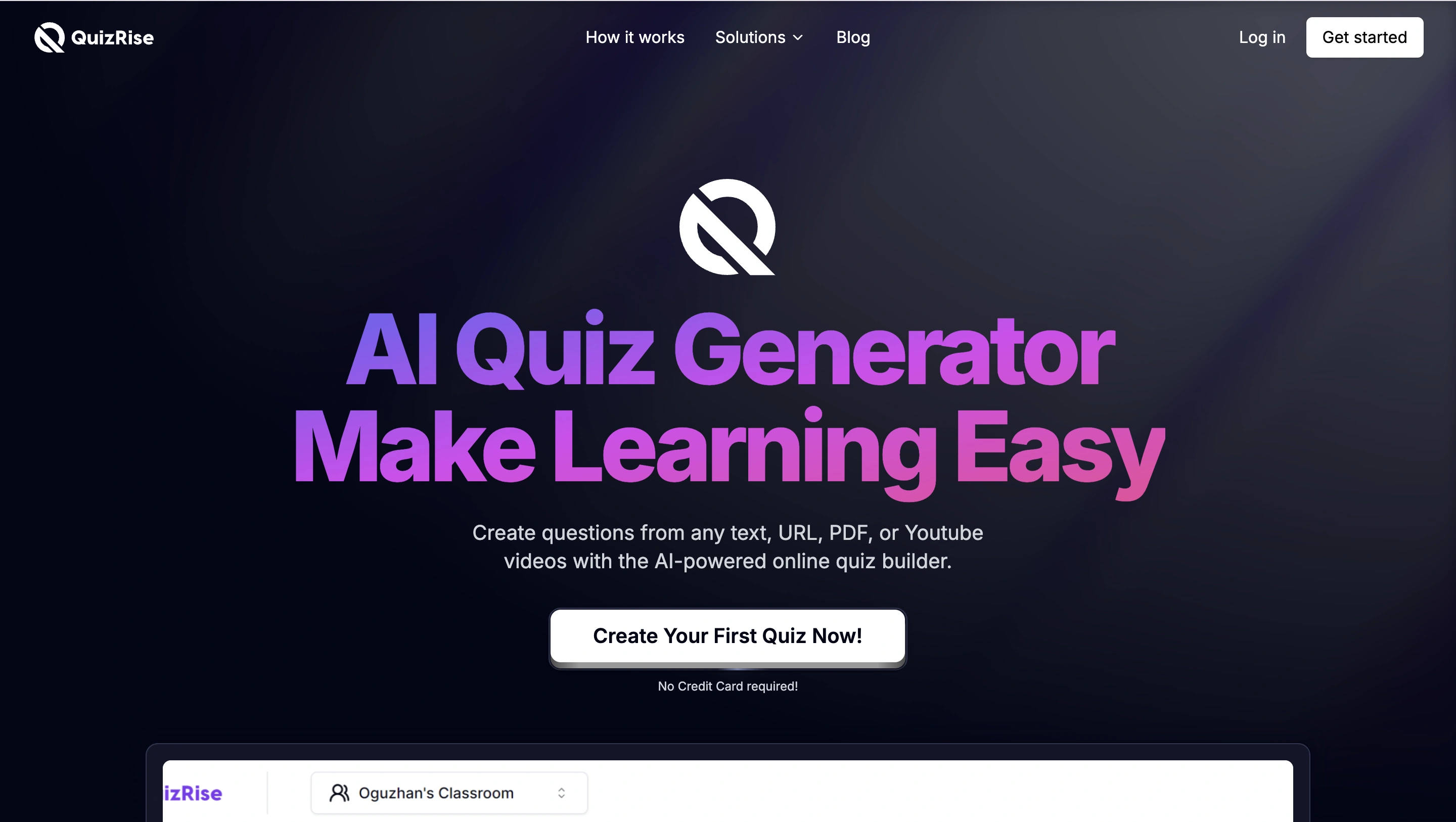 QuizRise AI study platform homepage