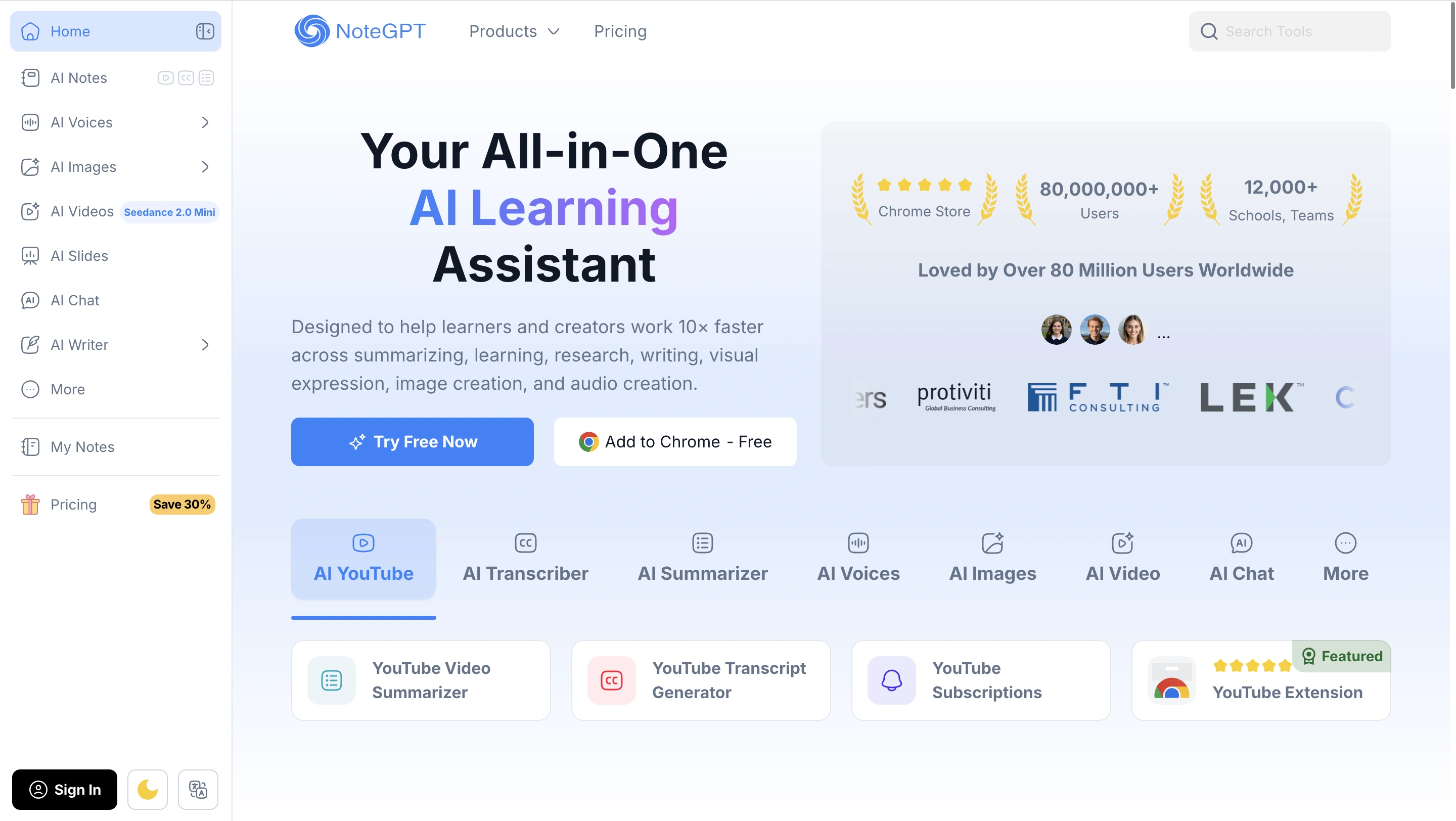 NoteGPT AI learning platform homepage