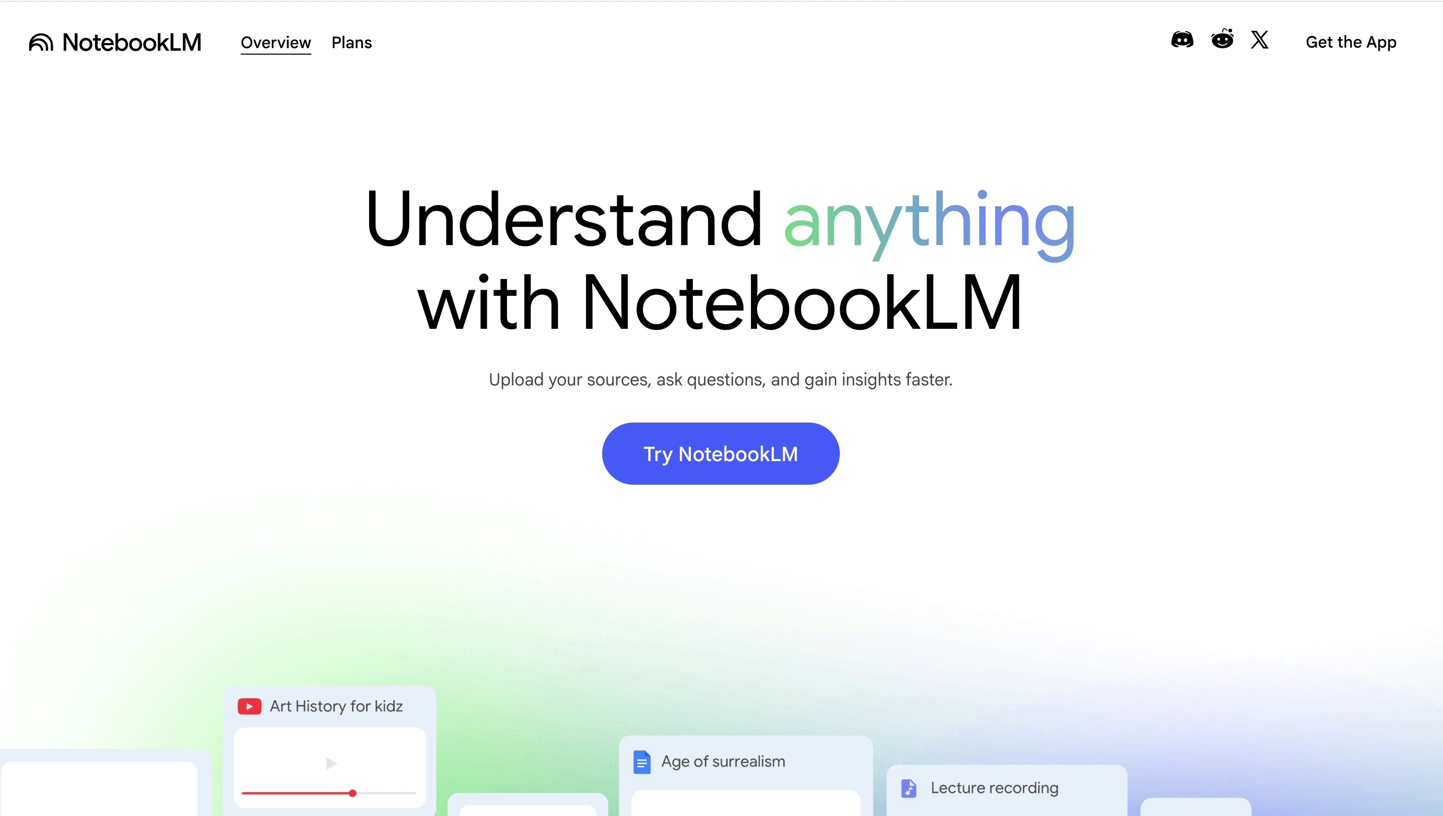 NotebookLM AI research and learning assistant homepage