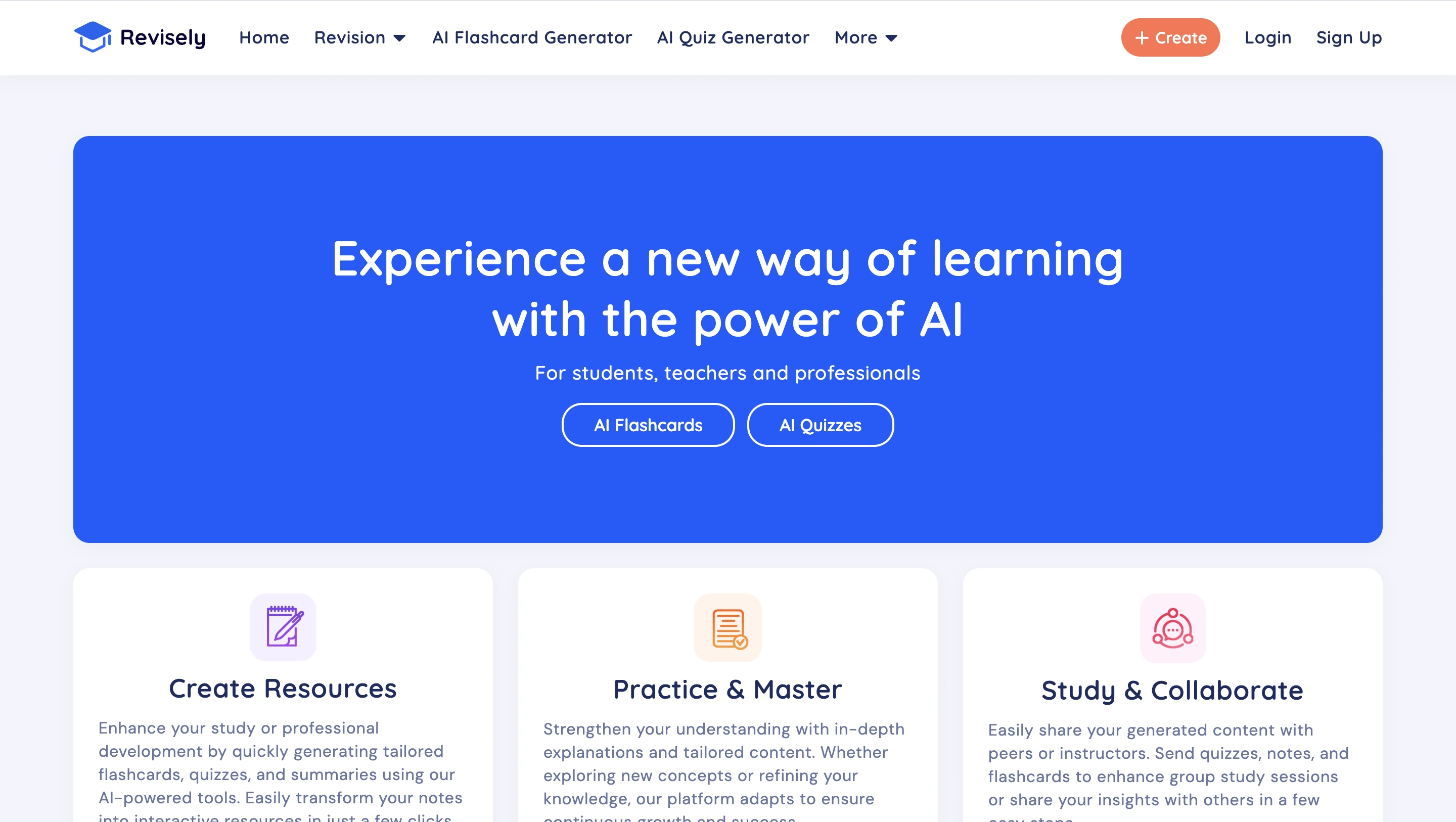 Revisely AI study platform homepage