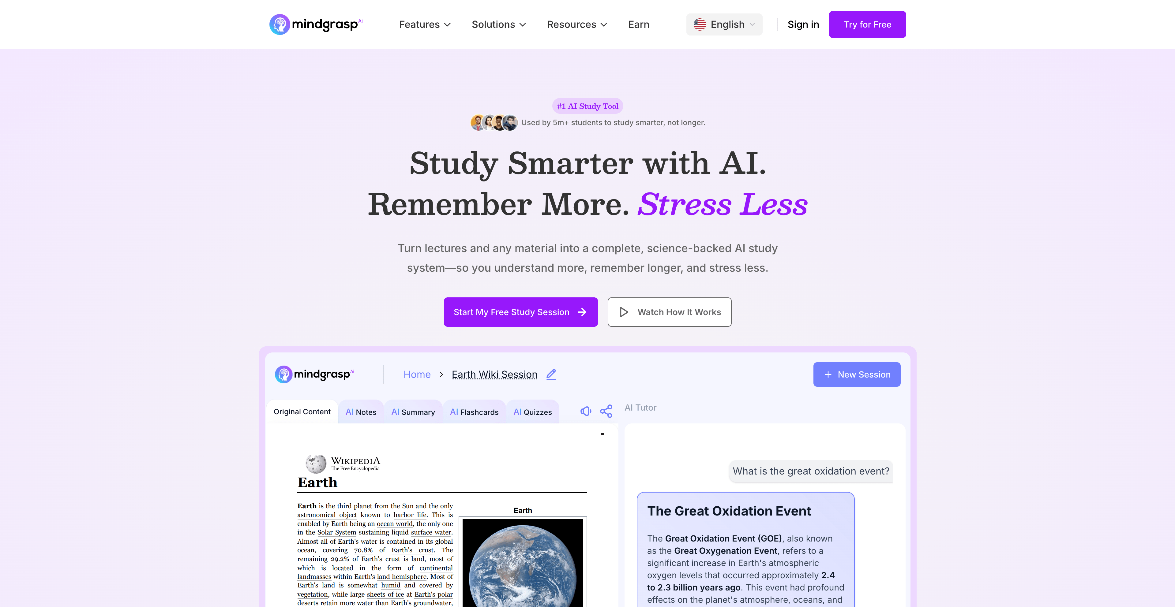 Mindgrasp AI summaries and study tools interface